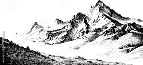 Vintage mountain landscape with diagonal cross hatching lines for design