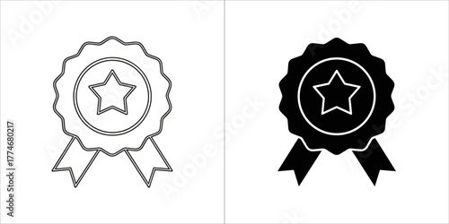 Two icons of a badge with a star and ribbon, one outlined and one solid black