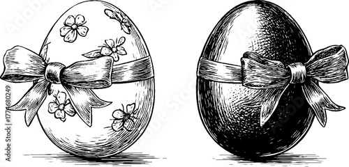 Vintage easter eggs with engraved patterns and ribbons for decorative design