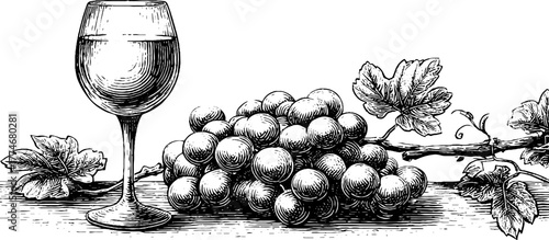 Vintage engraving of grapes and wine glass for retro design