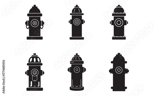 Selection of Black Fire Hydrant Silhouettes for Safety and Prevention Emergency Preparedness on White Background