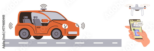 Self-driving orange car equipped with sensors, connected to a smartphone app. quadcopter hovering nearby shows integration of advanced technology. Ideal for innovation, smart transportation