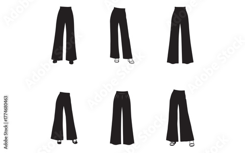 Selection of Stylish Wide Leg Trousers in Black Silhouette Illustrations Perfect for Fashion Design and Creative Projects
