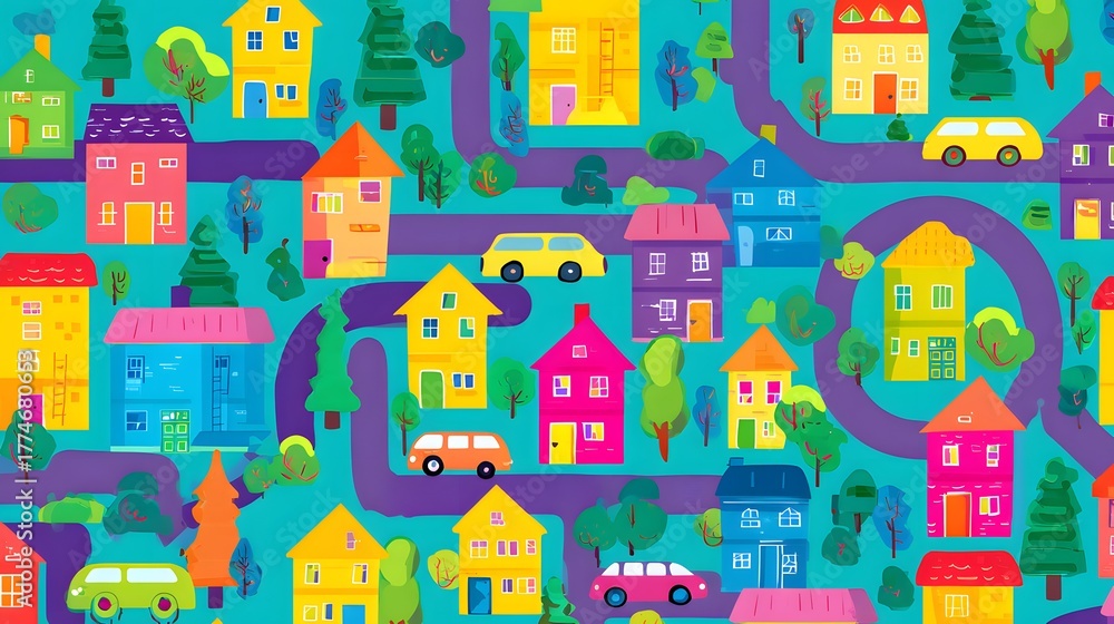 Fototapeta premium Playful cartoon city wallpaper bright houses trees cars kids room decor cheerful urban scene