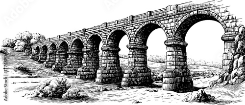 Ancient stone bridge with multiple arches in vintage engraving style
