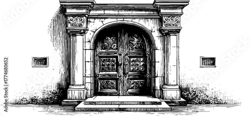 Ancient carved door with symmetrical panels for architectural design projects