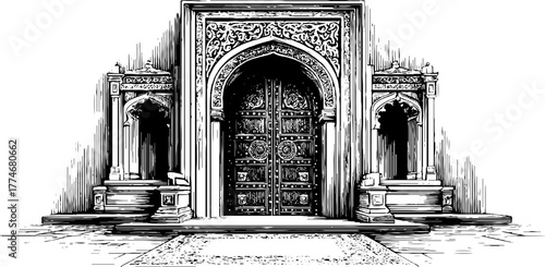 Intricate ancient door with ornamented symmetrical panels for historical design inspiration
