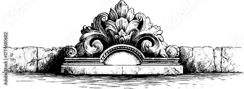 Ancient keystone ornament with symmetrical pattern engraving for retro design