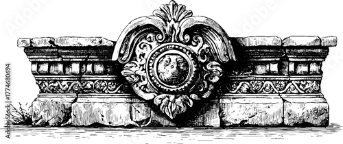 Vintage engraved keystone ornament with symmetrical pattern for design