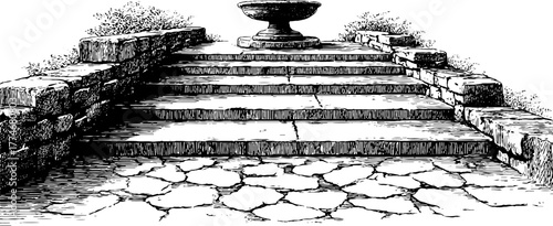 Ancient stone staircase leading to fountain with engraved detail - vintage design for print, card, poster