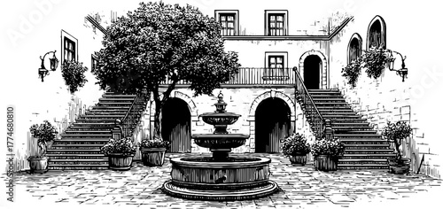 Engraved courtyard scene with ancient staircase and stone fountain for retro design