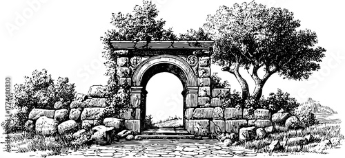 Ancient stone archway with broken top and ivy overgrowth - vintage engraving for design use