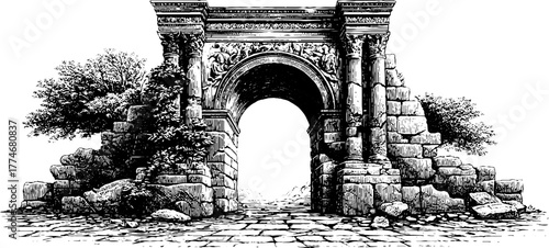 Ancient stone archway with ivy and broken top – vintage engraving for historical design