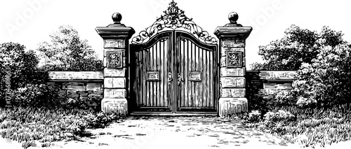 Ancient stone gate with decorative keystone and detailed engraving for historical design