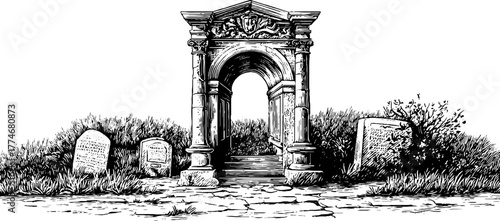 Engraved ancient stone gate with decorative keystone and relics in vintage style