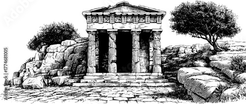 Ancient temple entrance with flanking statues in engraved style for historical design