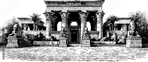 Ancient temple entrance with statues and hieroglyphics - vintage hand-drawn design for historical art