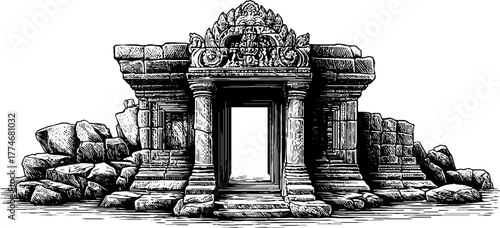 Ancient temple gate with stone lintel and sculptures in engraved style for historical design