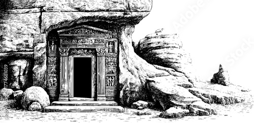 Ancient temple gate with ornate stone lintel and sculptures - engraved vintage silhouette for historical design