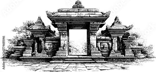 Ancient temple gate with intricate stone lintel design - vintage hand drawn illustration