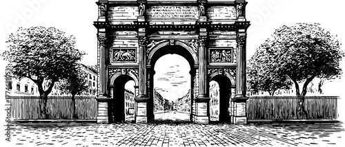 Engraved ancient triumphal arch ruins with broken cornice - historical architecture design