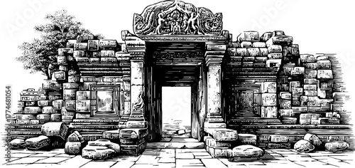 Ancient temple gate with stone lintel and sculptures - vintage architectural art for design