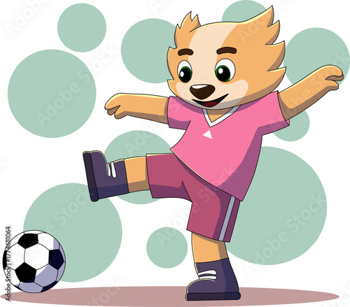 Cute Soccer Mascot Kicking Ball In A Playful Studio Scene, Cheerful cartoon mascot kicks a soccer ball with energetic motion in a bright, friendly scene. Ideal for sports, youth and playful brand
