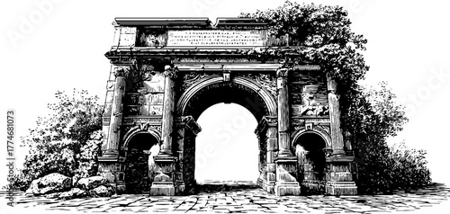 Ancient triumphal arch ruins with broken cornice in vintage engraving style