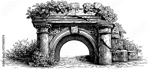 Ancient ruins of triumphal arch with broken cornice in vintage engraving style