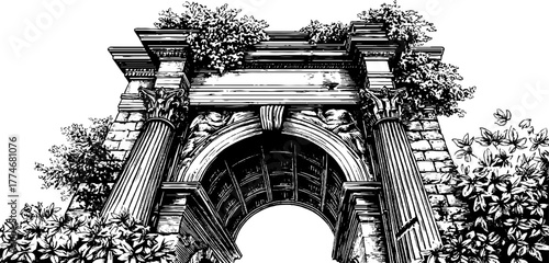 Ancient triumphal arch ruins with broken cornice engraving for historical design