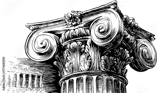Vintage corinthian capital sketch with architectural elements for design