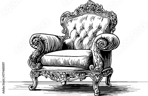 Elegant ornate antique armchair with carved wood and upholstery design