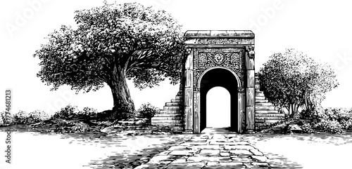 Intricate arabesque horseshoe arch gateway with elegant floral design