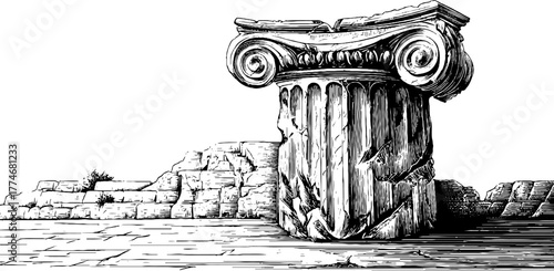 Ancient architectural column fragment - hand-drawn vintage engraving for historical design