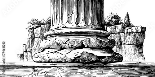 Ancient column fragment in vintage architectural engraving style for design and decoration