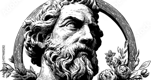 Vintage engraving of antique statue head in ornate oval frame - retro art for design prints