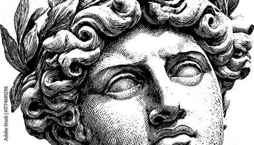 Vintage engraved antique statue head in oval frame - retro art for classic design