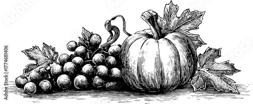 Vintage autumn harvest with grapes and pumpkin for seasonal decor and design