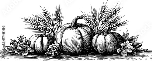 Vintage autumn harvest composition featuring pumpkins, wheat, and leaves for seasonal decor