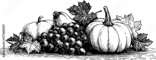 Vintage autumn harvest composition featuring grapes and pumpkins for seasonal design