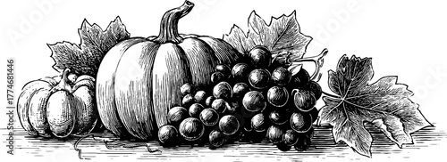 Vintage autumn harvest composition with grapes and pumpkins for seasonal decor