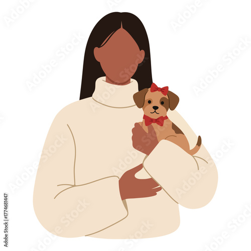 Affectionate woman holding cute puppy dog wearing red bows