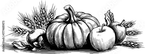 Autumn harvest still life featuring pumpkins and apples in vintage style