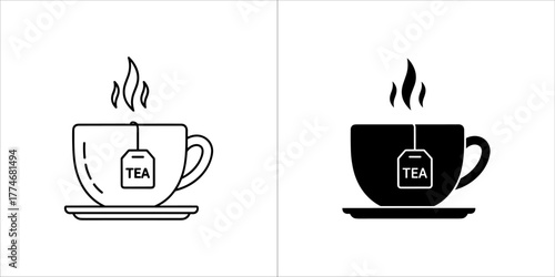 Cup of tea with teabag and steam, line art