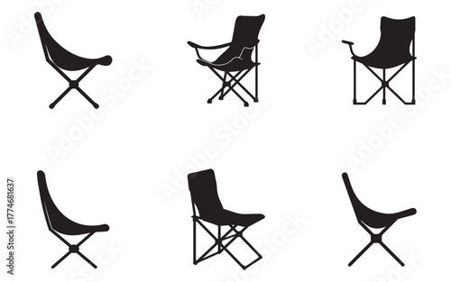Set of Six Camping Chair Silhouettes for Outdoor Adventures and Minimalist Design Projects and Illustration Templates
