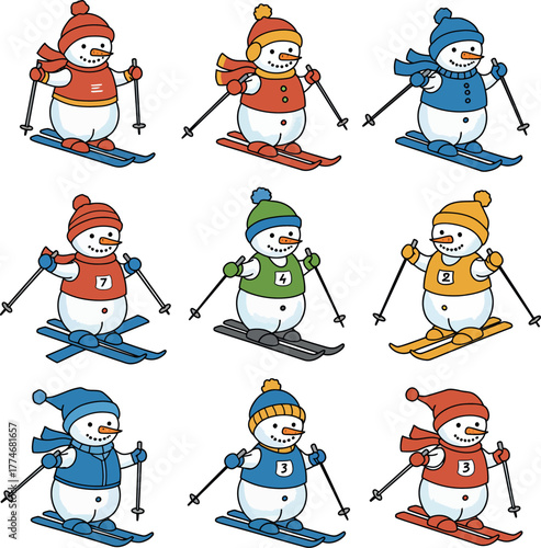 Collection of nine cheerful cartoon snowmen dressed in winter clothing skiing down snowy slopes