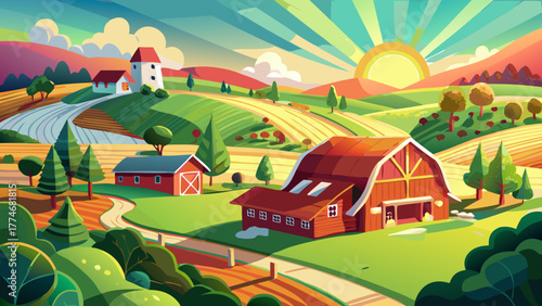 Very beautiful aerial view of the American countryside landscape featuring a classic red barn, grazing cows, green farmland, and golden sunlight during a peaceful spring or summer morning.
