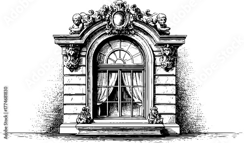 Ornate baroque arched window with cherub faces and decorative elements for vintage design