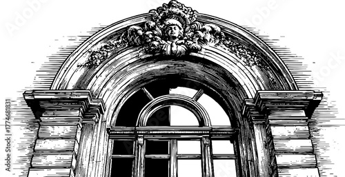 Baroque arched window with cherub faces and ornate design for architectural decor