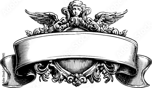 Vintage baroque frame with cherub and ribbon scrolls for decorative design